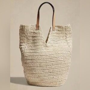 Banana Republic Straw Tote Open Weave V Shape Opening Vegan Leather Handles NWOT